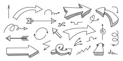 Set of hand drawn different decorative arrow. Arrow element drawn with a brush-pen. Isolated vector.