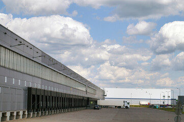 A truck during unloading in a distribution center. Place loading and unloading  trucks.