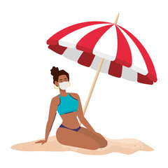 woman afro with swimsuit wearing medical mask, tourism with coronavirus, prevention covid 19 in the beach vector illustration design