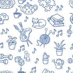 Seamless pattern with hand-drawn doodle home activities, hobbies. Slogan: Stay home