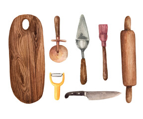 Kitchen utensils in watercolors