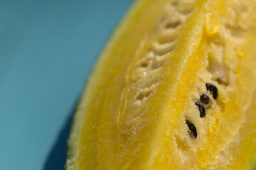 Fototapeta na wymiar Fresh and bright macro view of yellow watermelon with black seeds on light-blue plate. Summer sunny mood