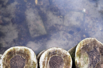 three old evenly cut logs nearby and from above the clear water of the lake is close . lake shore