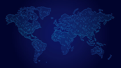 World map technology style. Dark blue background. Digital world with electronic systems.