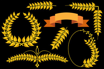 Gold laurel wreath, oval frame and branches for design on the black background.