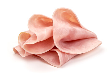 Cooked ham slices, isolated on a white background - obrazy, fototapety, plakaty
