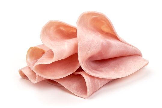 Cooked ham slices, isolated on a white background