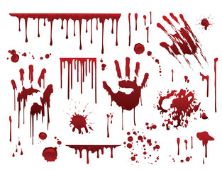 Dripping blood. Halloween bloody splatter spots and bleeding hand traces. Collection various red paint splatter, isolated on white background.