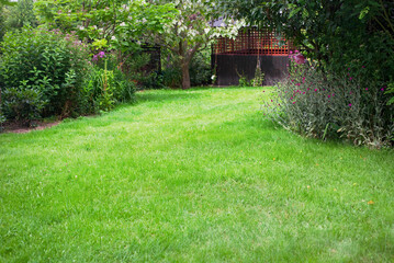 Summer house in the beautiful backyard green garden landscape and fresh, green lawn background with a lot pf space.