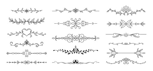 Flower text divider line. Ornamental divider and leaves ornaments. Vector Illustration.