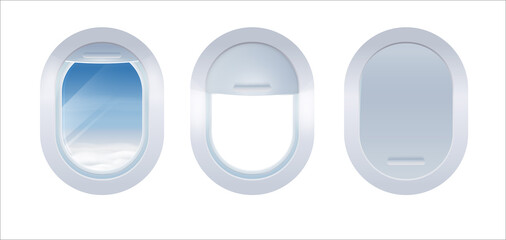 Set of Aircraft windows Isolated on white background. Realistic portholes of airplane from white plastic with open and closed window shades.