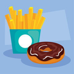 delicious fresh sweet donut with french fries vector illustration design