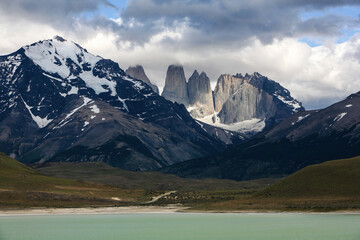 View of Torres del Paine National Park. Paine means blue in the local native language. It is located in southern Chilean Patagonia.