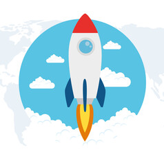 rocket flying with clouds, scenary with white clouds vector illustration design