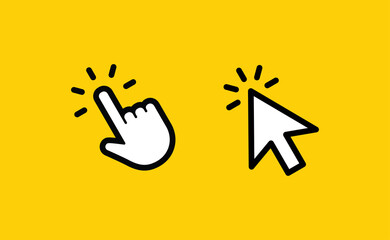 Hand and arrow clicking pointers. Click icons.