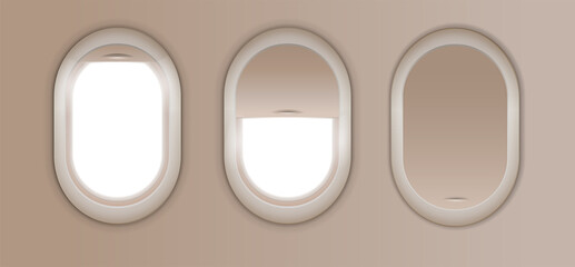 Open and closed window in plane. Gray airplane window, gray light template, plain aircraft window white space.