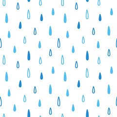 Cute doodle, hand drawn rain seamless pattern background with blue raindrops, water drops.
