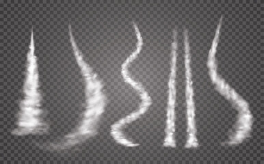 Airplane condensation trails. Plane smoke rocket stream effect airplane jet cloud flight. Jet trailing smoke isolated set.