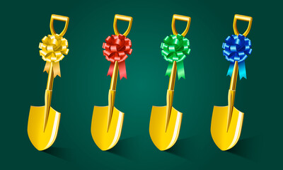 Set of Gorlden Shovels with different ribbon bows vector illustration