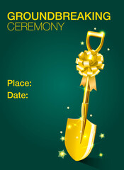 Groundbreaking ceremony banner with golden shovel decorated with ribbon bow vector illustration