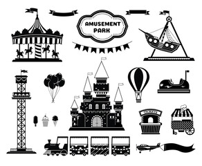 Amusement park silhouette icons set. Carnival funfair and ferris wheel emblem, label, badge. Amuse circus carousel, air balloon and castle. isolated on white background.