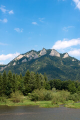 Fototapeta premium Rafts with tourist on Dunajec river in landscape of Pieniny Mountains, Poland