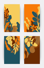 Vector set of floral banners made of leaves and plants with copy space for text - bright vibrant backgrounds in bold colors. Posters, covers template, packaging design, social media stories wallpaper