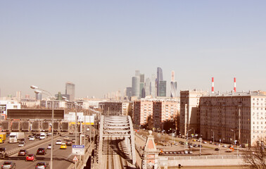 Fototapeta premium Apr 12, 2018. Moscow, Russia. Landscape with Moscow International Business Center and Moscow Central Circle Railway