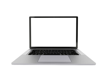 Silver laptop isolated, modern computer with empty screen, isolated on white background.