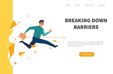 Businessman breaking wall. Web banner man overcomes the barrier. Business concept illustration.
