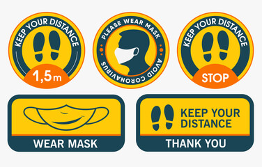 Floor stickers. Collection of Social distancing for print. Please Keep Your Distance. Please wear mask. Marking tape where there are a lot of people. Stop, keep your distance.