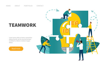 Teamwork concept. Banner people connecting puzzle elements.Vector illustration flat design style.