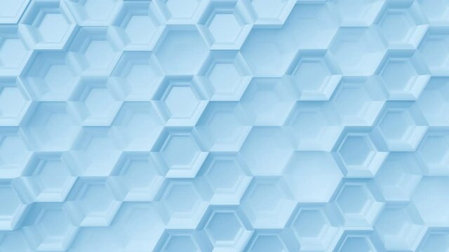Abstract Hexagon Geometric Surface Loop 7 Light Blue: beehive hexagonal grid pattern animation in ice blue color. Clean background with glossy blue hexagon shapes. Modern aesthetic. 4K