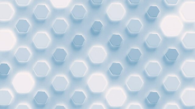Bright Hexagon Array Loop 1 Light Blue: flashing blue hexagons over a bright blue plane. Bright modern background. Many individual rounded hexagons moving. Seamless loop. 4K