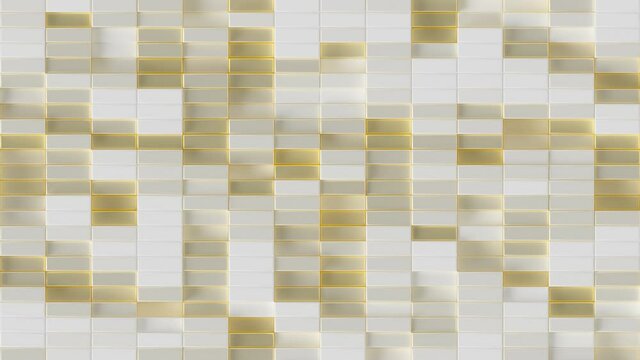 Field Of Rectangles Loop 1 Gold x White: light bright clean minimal rectangular grid pattern, random waving motion background canvas in luxury gold and white. Seamless loop. 4K