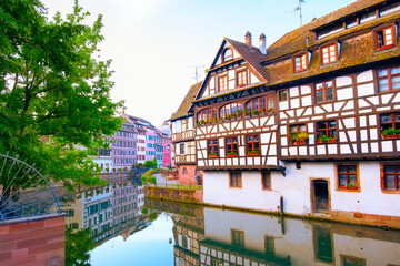Panoramic view of traditional half-timbered houses on canals in district little France in the medieval town of Strasbourg, Alsace, France.