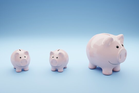 piggy bank family on light blue background, concept image for saving money