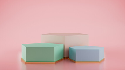 Empty pastel green blue yellow winners podium on pastel pink color background. 3D rendering.