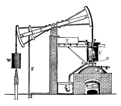 Steam Engine or Newcomen's Atmospheric Steam-Engine, vintage illustration.