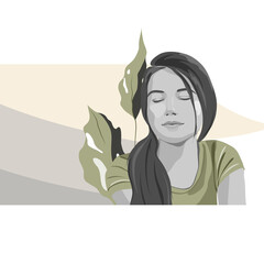 Beautiful young woman meditating, tropical leaves/relaxation/ flat art vector illustration