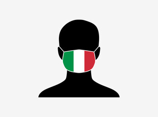 A silhouette of a person wearing a mask with the flag of Italy on it. Vector illustration.