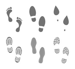 Footprints human shoes silhouette. Set of footprints and shoeprints icons in black showing bare feet and the imprint of the soles with the differing patterns. Vector illustration.