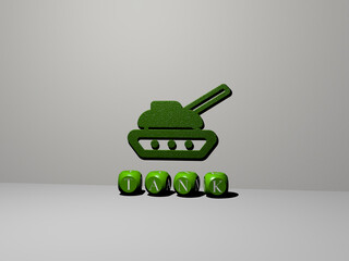 3D illustration of tank graphics and text made by metallic dice letters for the related meanings of the concept and presentations. background and fuel