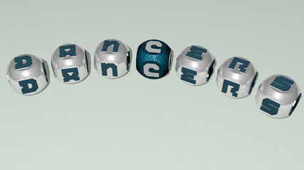 DANCERS combined by dice letters and color crossing for the related meanings of the concept. editorial and dancing