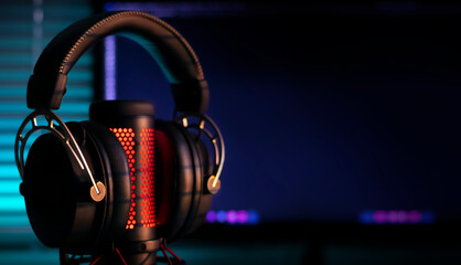 Gaming headphones with mirkophone and neon illumination diodes. Gaming devices, neon lights. Game...