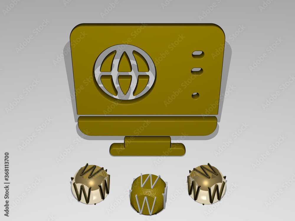 Fototapete 3d illustration of www graphics and text around the icon made by metallic dice letters for the relat