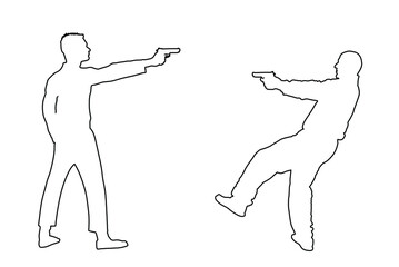 Public crime scene, gunfight battle. Man with gun shooting in opponent vector line contour silhouette. Conflict situation. Gun fire. police agent shutting against mafia member. policeman arrest