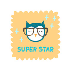 Owl bird Super star with glasses vector illustration in flat style. Design for children, print on fabric and t-shirt, greeting card, poster