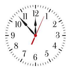 Clock face on white background. Classic black and white round wall clock. Vector illustration