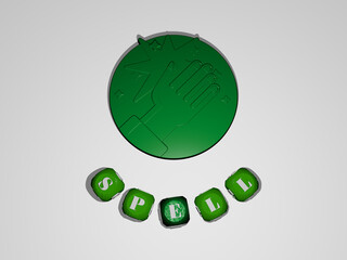 3D graphical image of SPELL vertically along with text built around the icon by metallic cubic letters from the top perspective, excellent for the concept presentation and slideshows. illustration